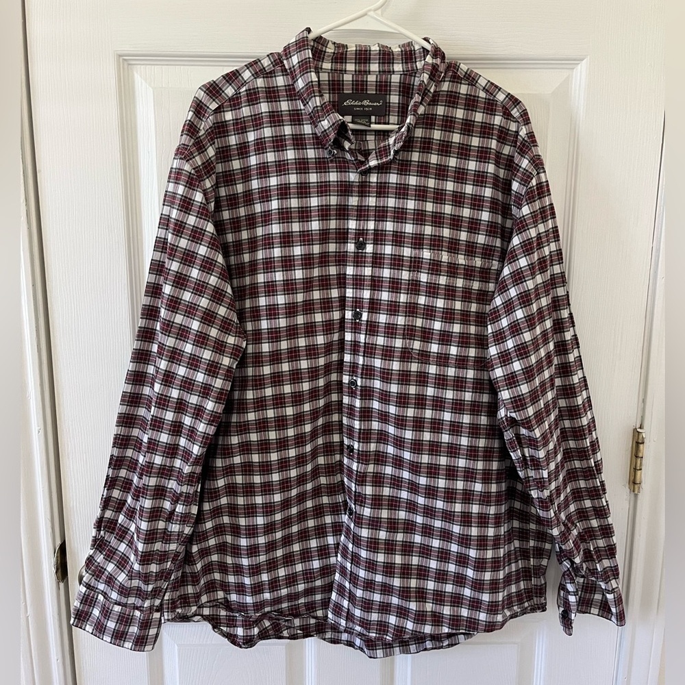 Eddie Bauer Burgundy and White Plaid Button Down Dress Shirt